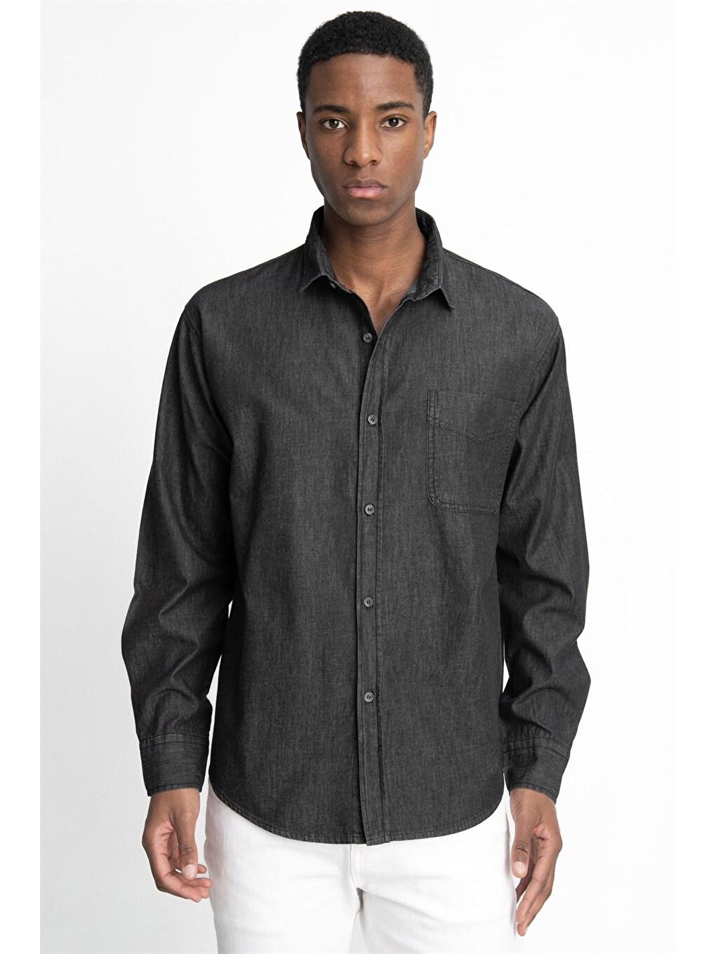 Siyah Relax Fıt Rahat Kalıp Denim Tek Cep Erkek Jean Gömlek-1