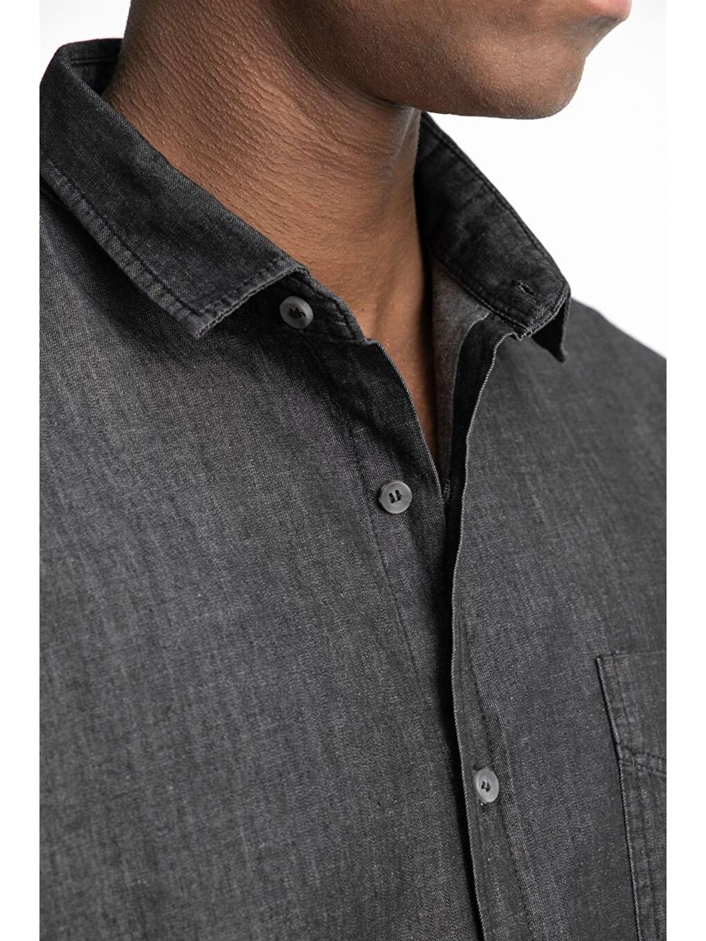 Siyah Relax Fıt Rahat Kalıp Denim Tek Cep Erkek Jean Gömlek-2