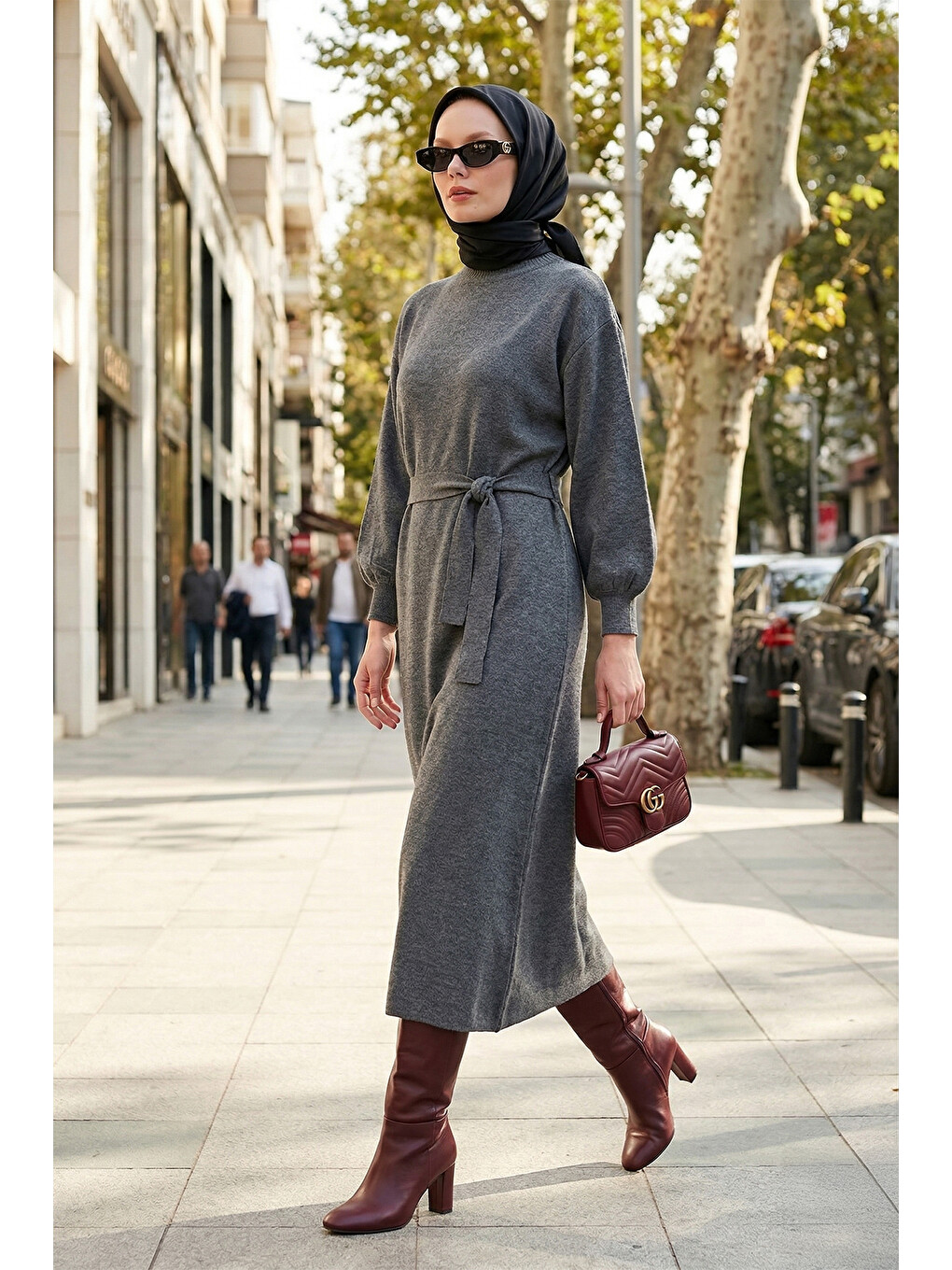 Gri Modest Relaxed Fit Bisiklet Yaka Triko Kadın Elbise 4616198