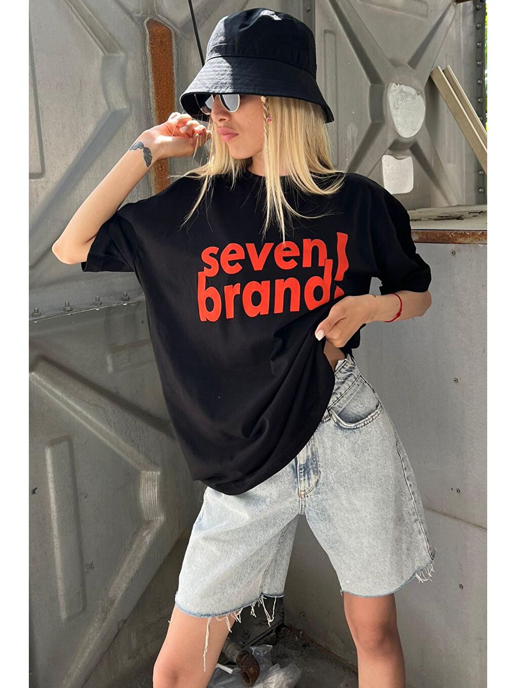 Siyah Baskılı Oversize Tişört Mg1489-2