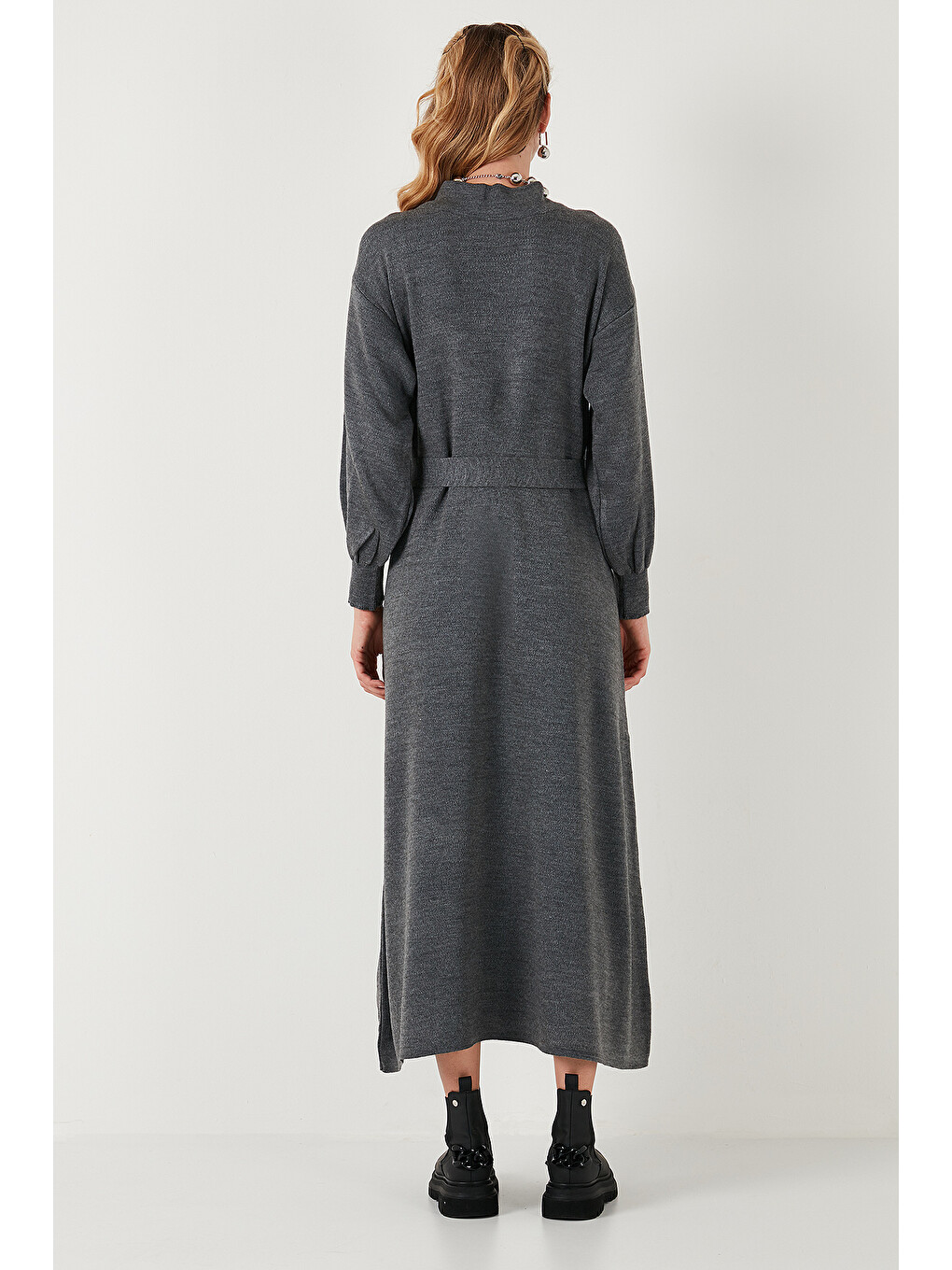 Gri Modest Relaxed Fit Bisiklet Yaka Triko Kadın Elbise 4616198-6