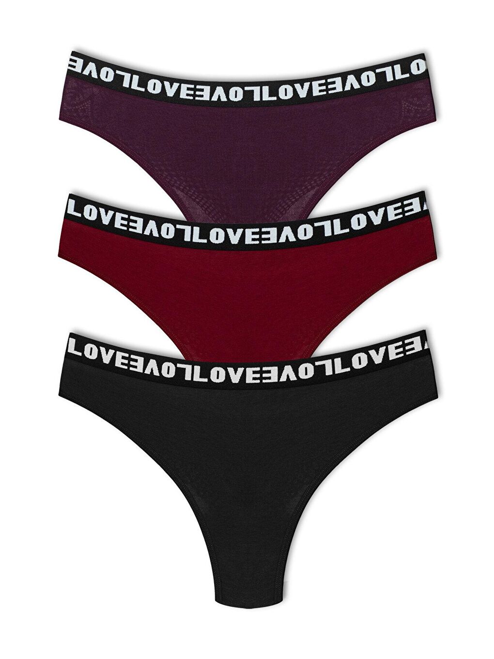 Bordo Pamuklu Arkası Dantel LOVE Lastik Tanga Kadın Külot 3'lü