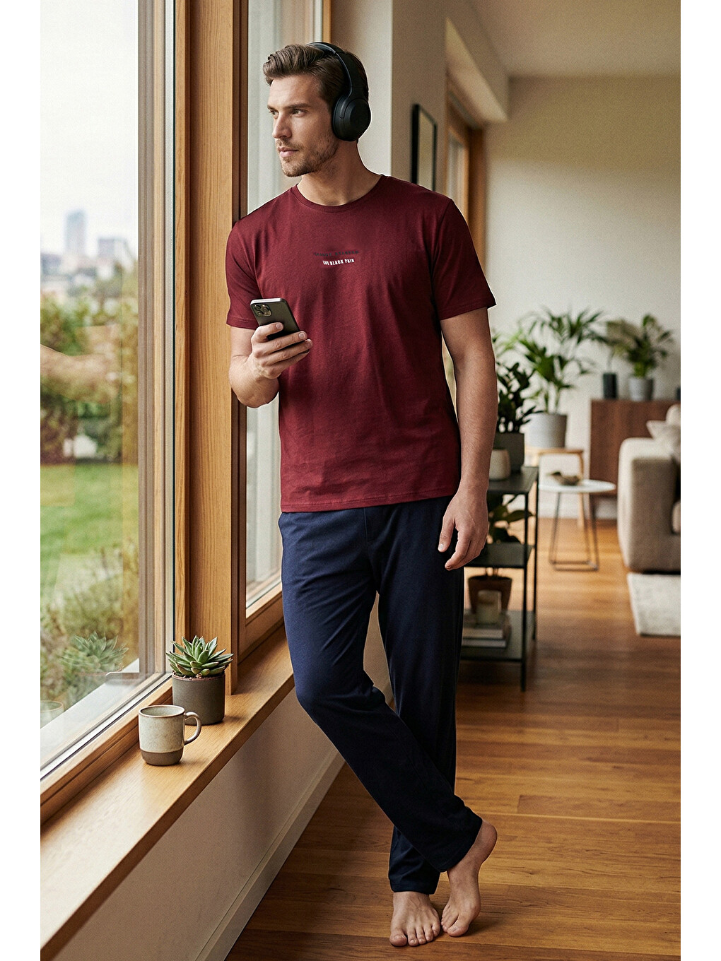 Bordo Pamuklu Regular Fit Baskılı Pijama Takımı 6096160