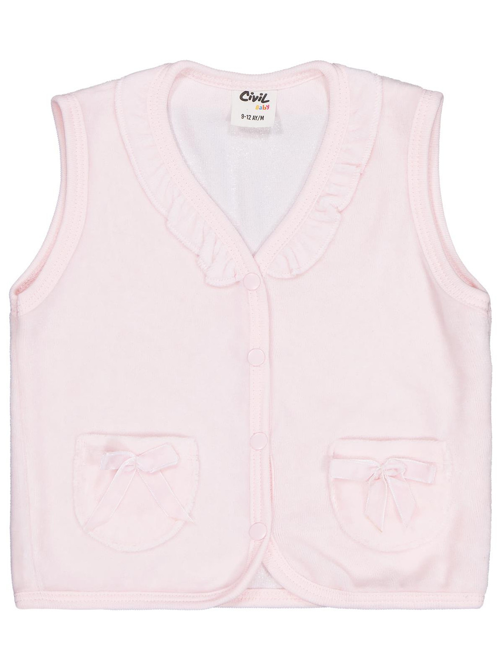 Baby Cep Fiyonklu Yaka Fırfırlı 6-18 Ay Yelek - Pembe 9-12 Ay