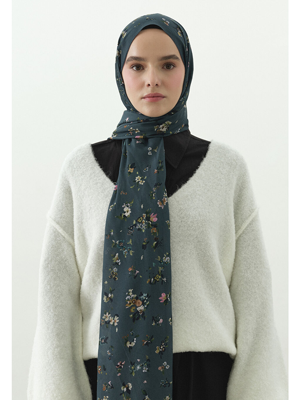 Jean Mavi Tıny Blooms Desenli Pamuk Viskon Şal-2