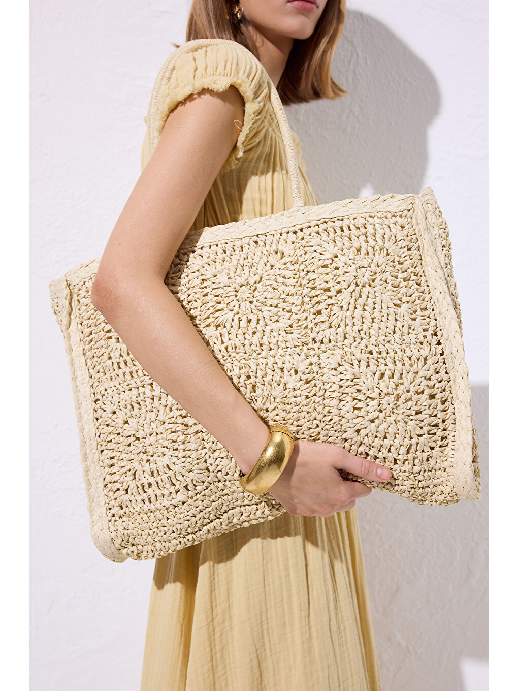 Desenli Hasır Large Çanta Bej