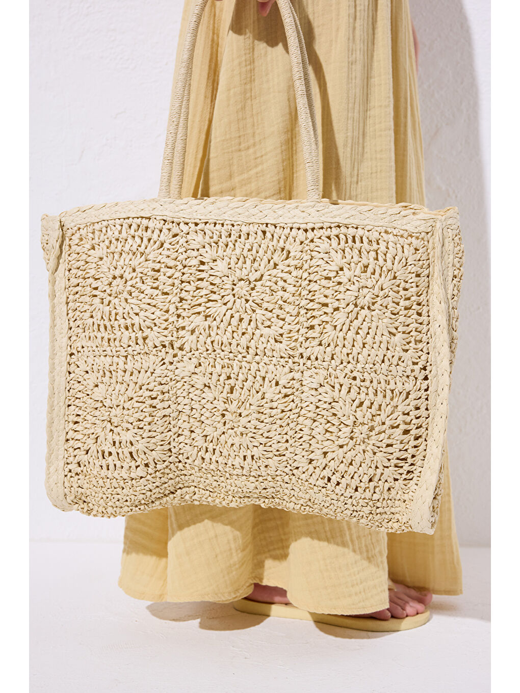 Desenli Hasır Large Çanta Bej-1