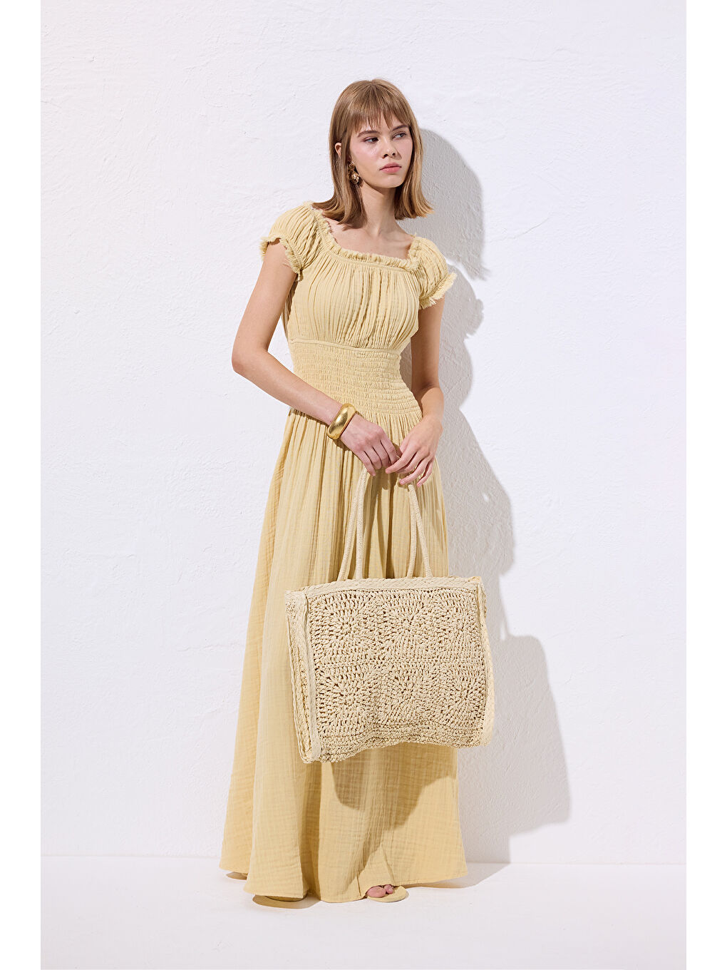 Desenli Hasır Large Çanta Bej-2