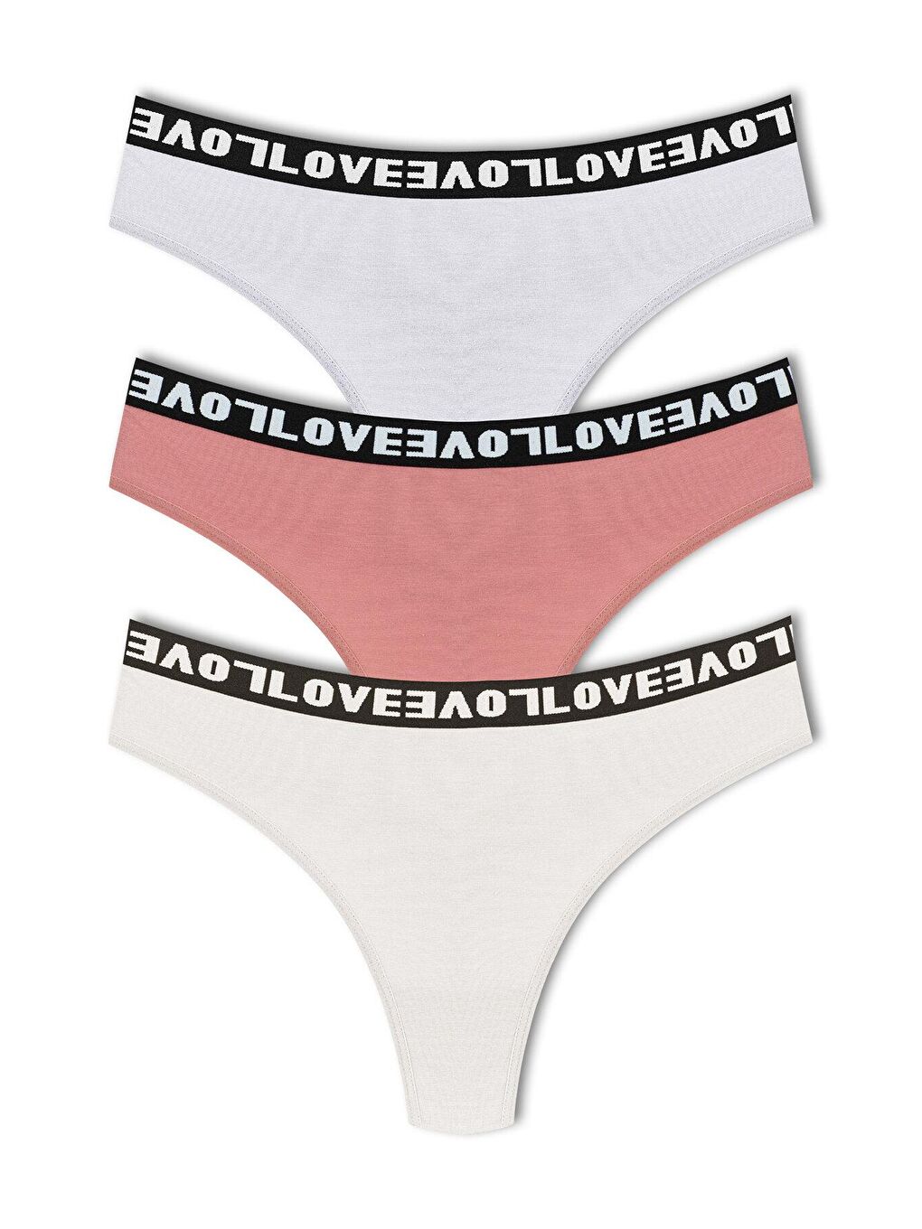 Beyaz Pamuklu Arkası Dantel LOVE Lastik Tanga Kadın Külot 3'lü