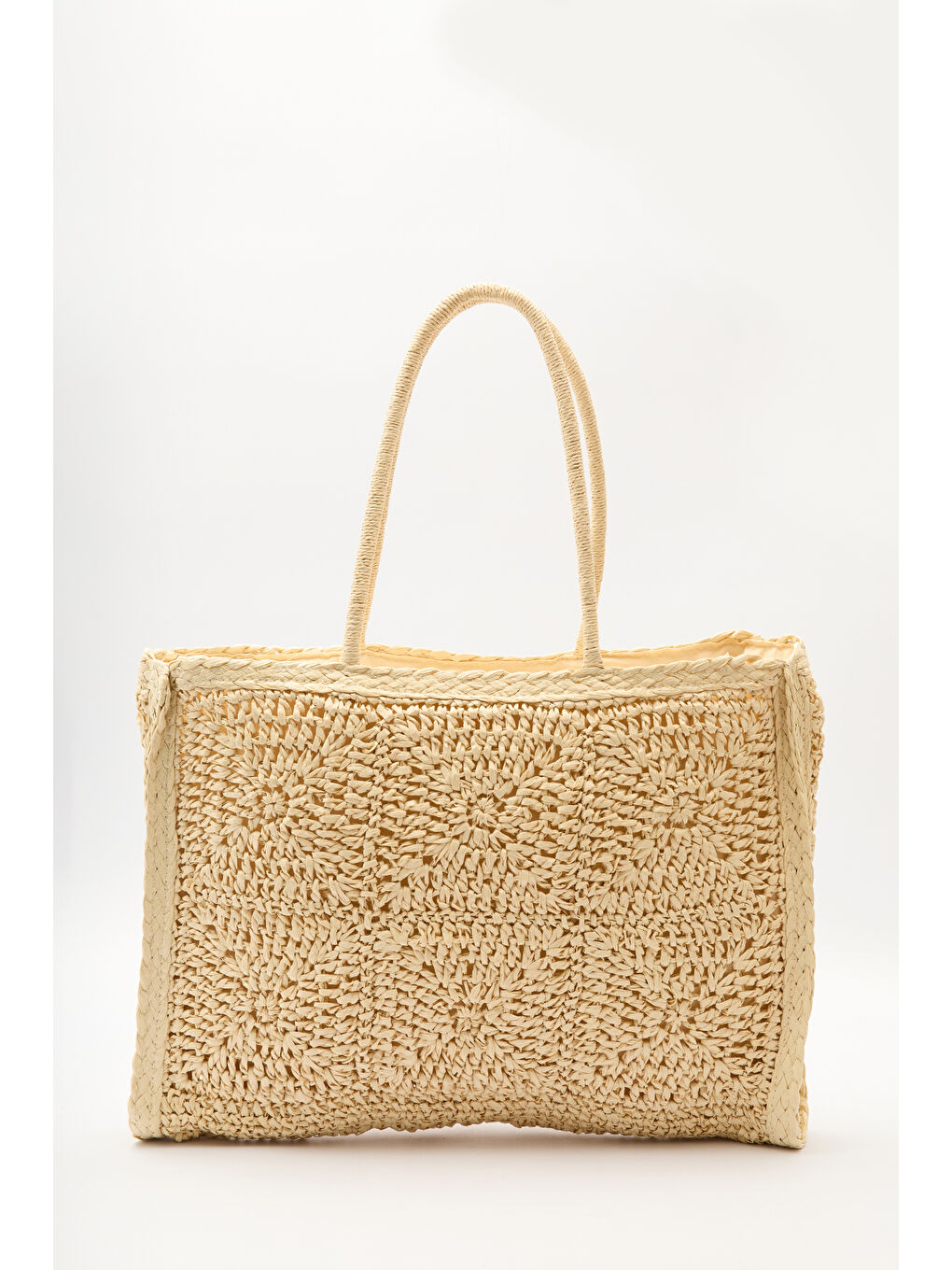 Desenli Hasır Large Çanta Bej-3