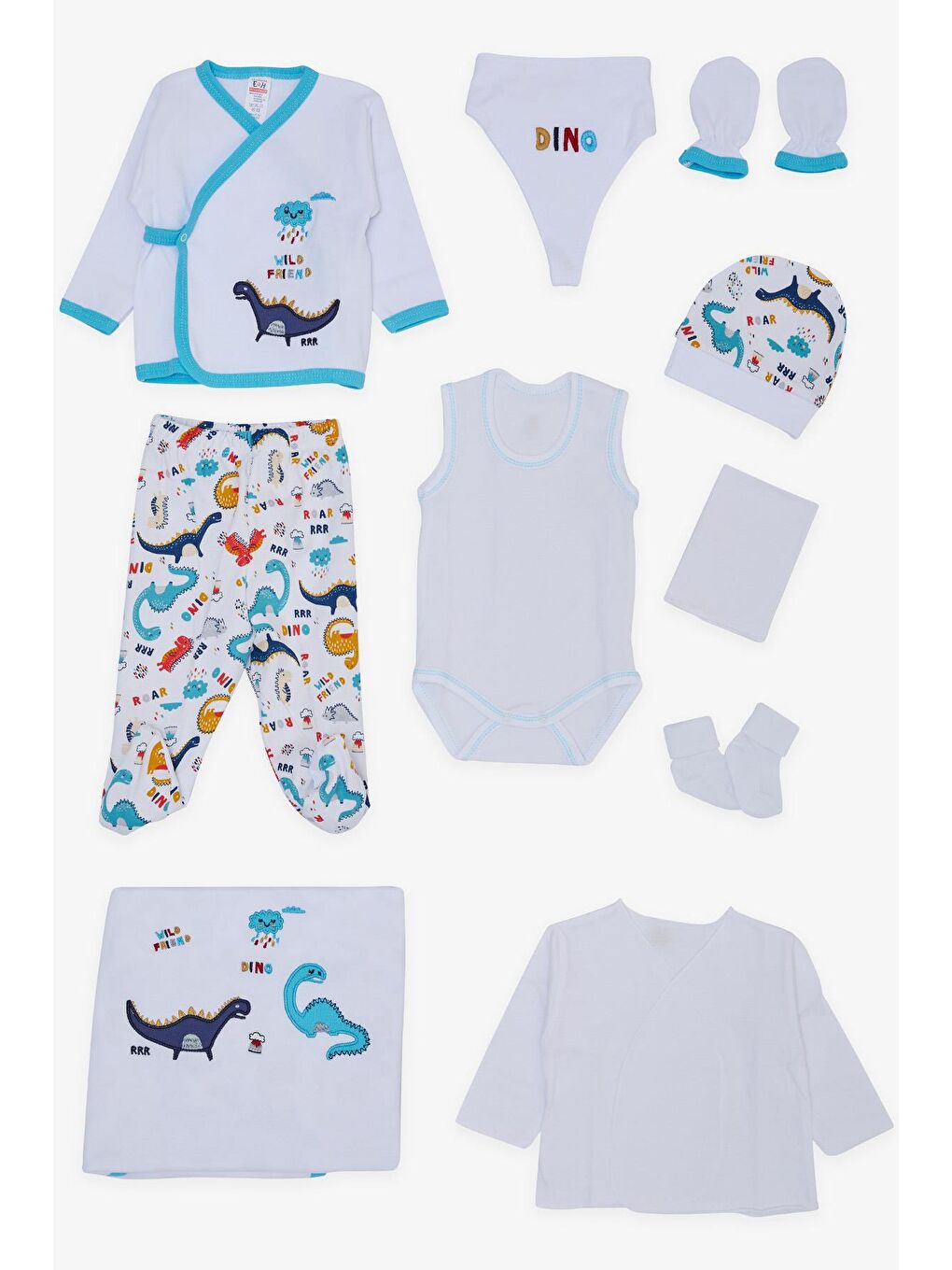 Erkek Bebek Hastane Çıkışı 10 lu Dostluk Temalı Nakışlı Beyaz (0-3 Ay)