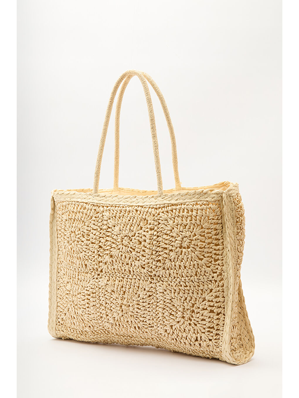 Desenli Hasır Large Çanta Bej-5