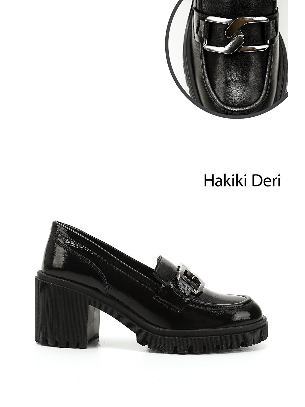 Kadın Açık Siyah Tokalı Orta Kalın Topuklu Hakiki Deri Ayakkabı-1