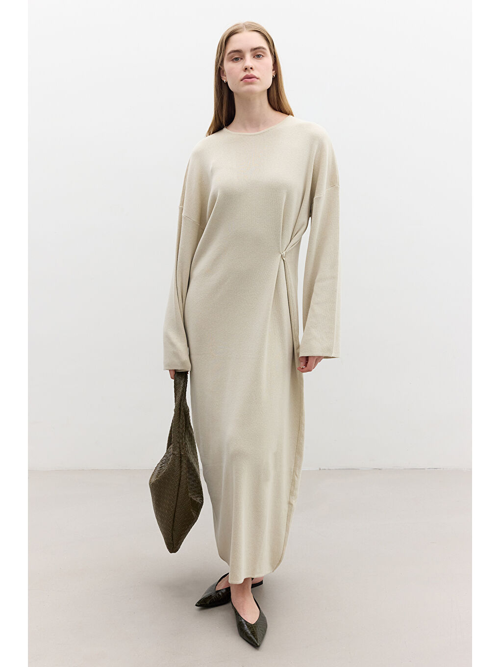 Triko Bağlamalı Elbise Bej-1