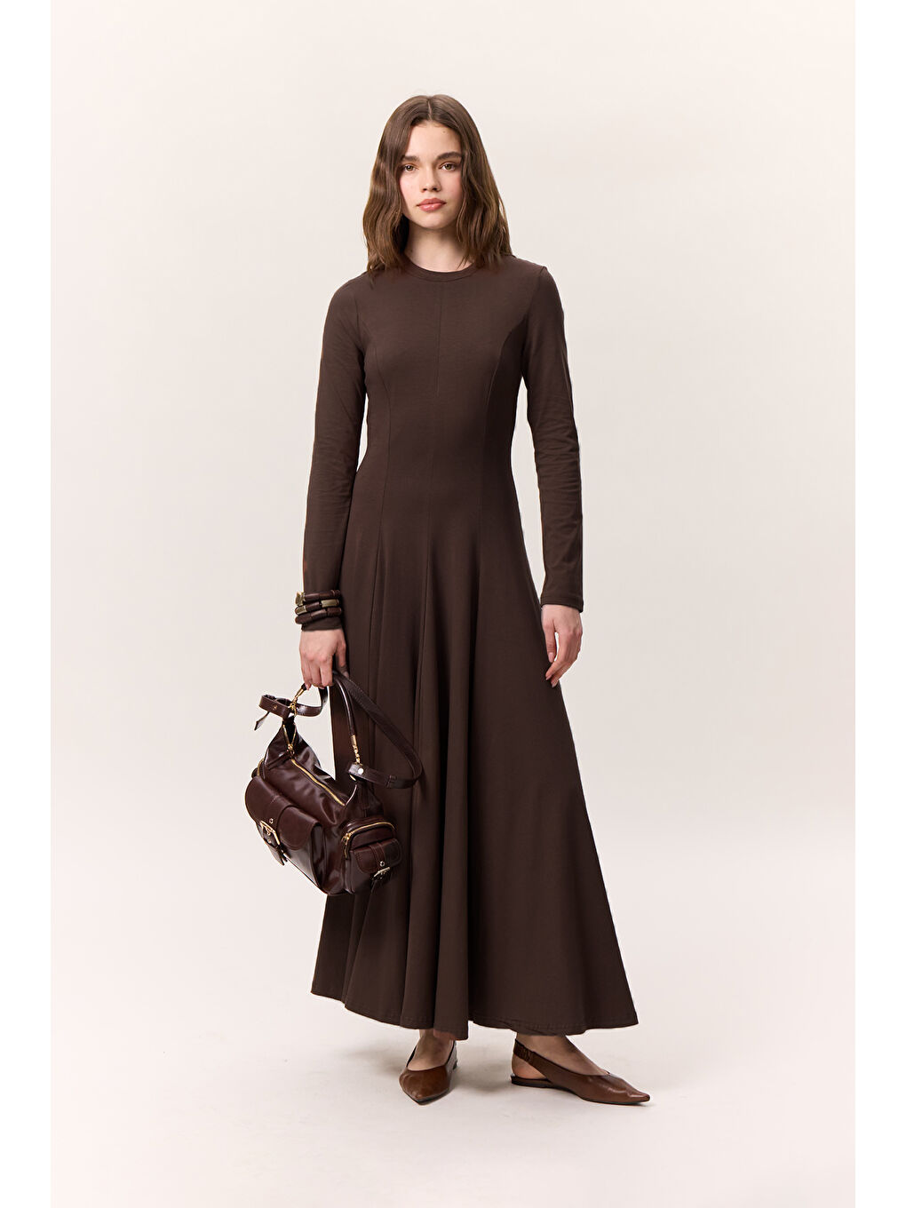 Kuplu Uzun Kollu Elbise Kahverengi