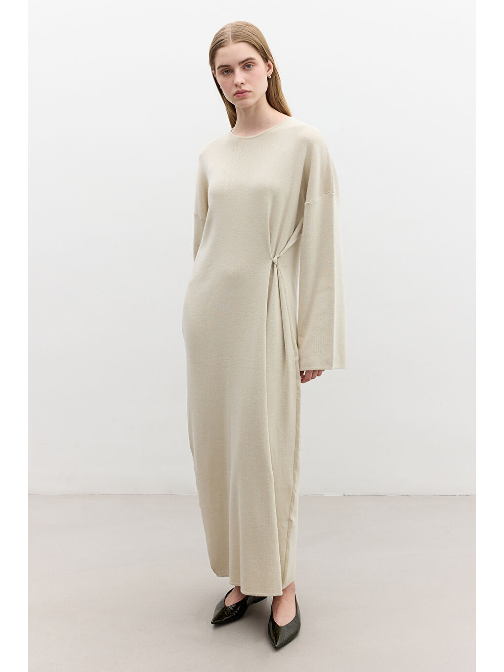 Triko Bağlamalı Elbise Bej-2