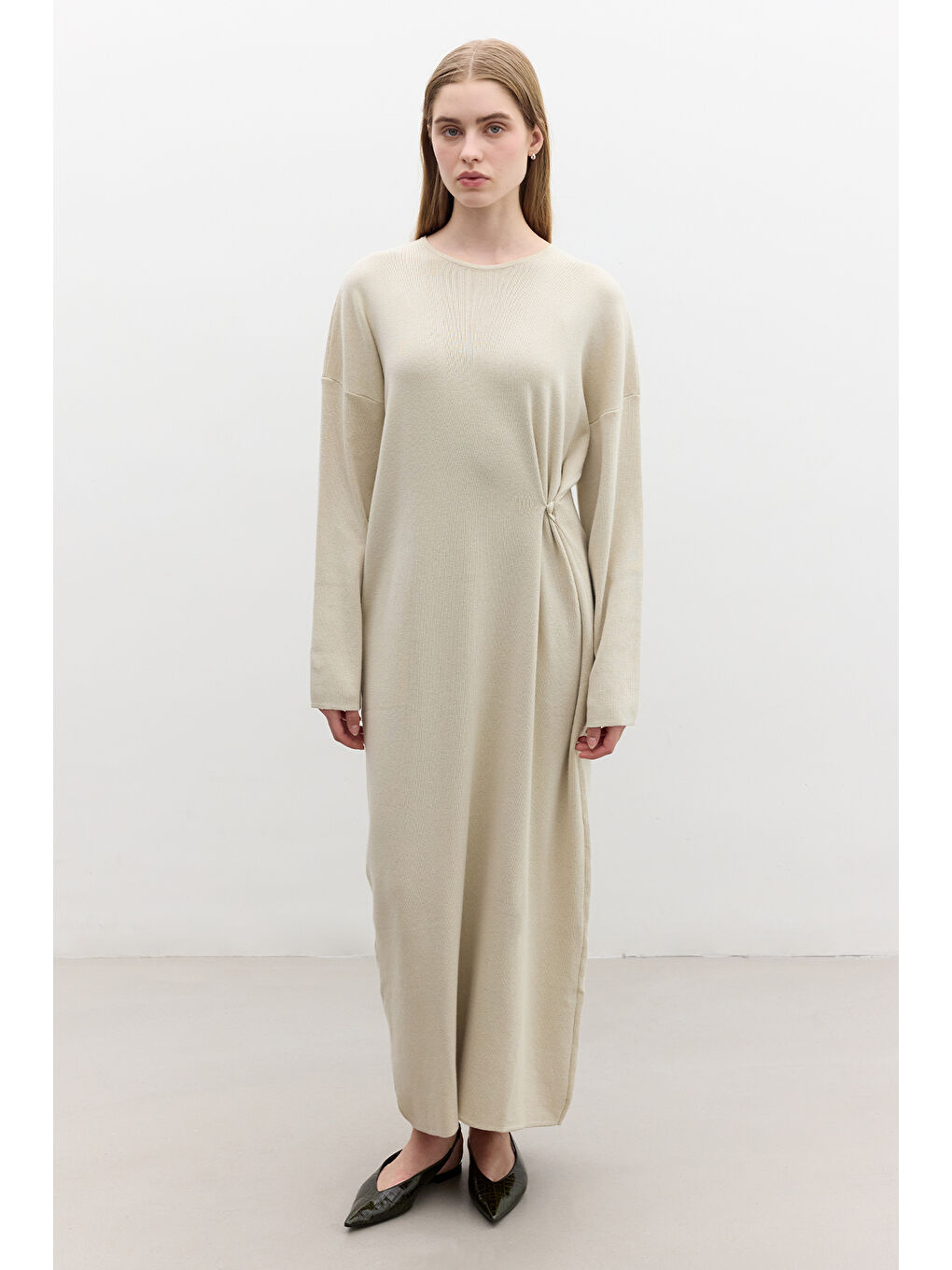 Triko Bağlamalı Elbise Bej-3