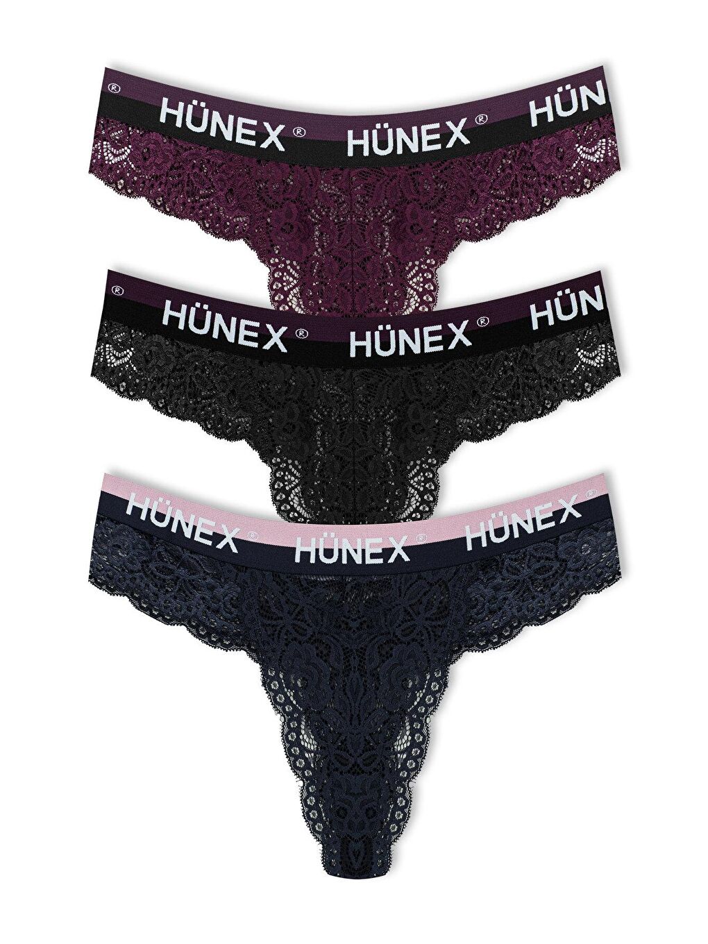 Lacivert Dantelli Yazılı Lastik Tanga Kadın Külot 3'Lü