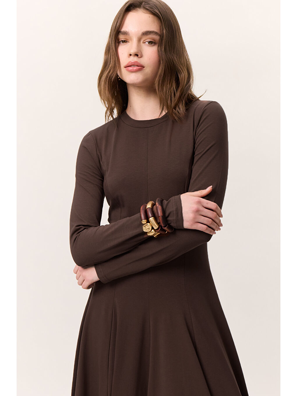 Kuplu Uzun Kollu Elbise Kahverengi-1