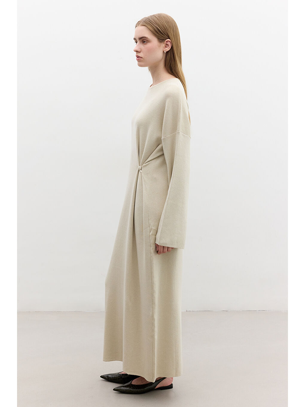 Triko Bağlamalı Elbise Bej-4