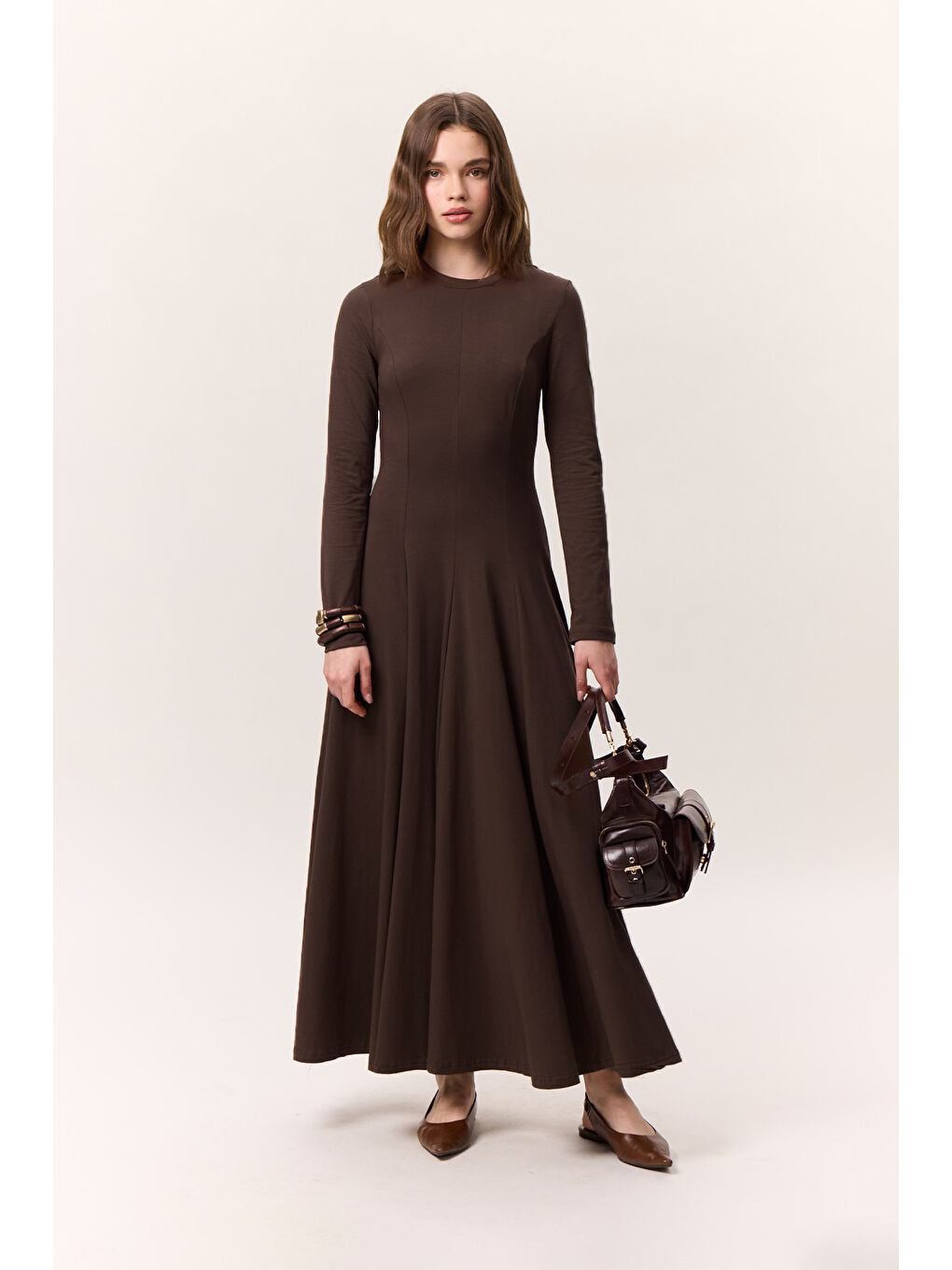 Kuplu Uzun Kollu Elbise Kahverengi-2