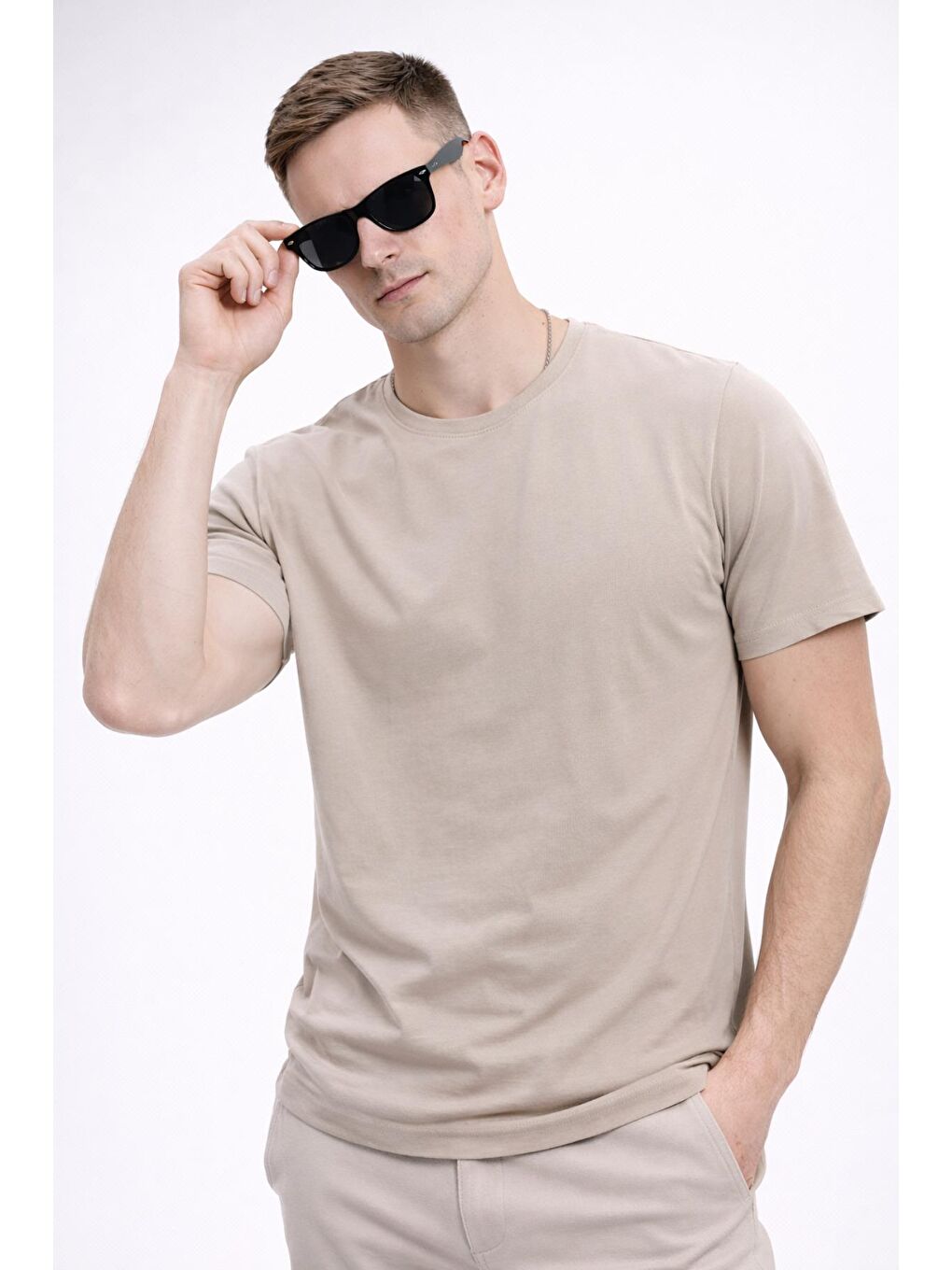 Bej Erkek/Unisex Bisiklet Yaka Basic Tişört %100 Pamuk - 371-1