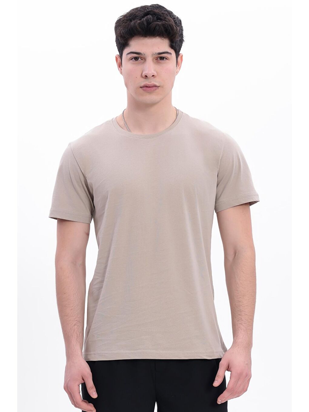 Bej Erkek/Unisex Bisiklet Yaka Basic Tişört %100 Pamuk - 371-3