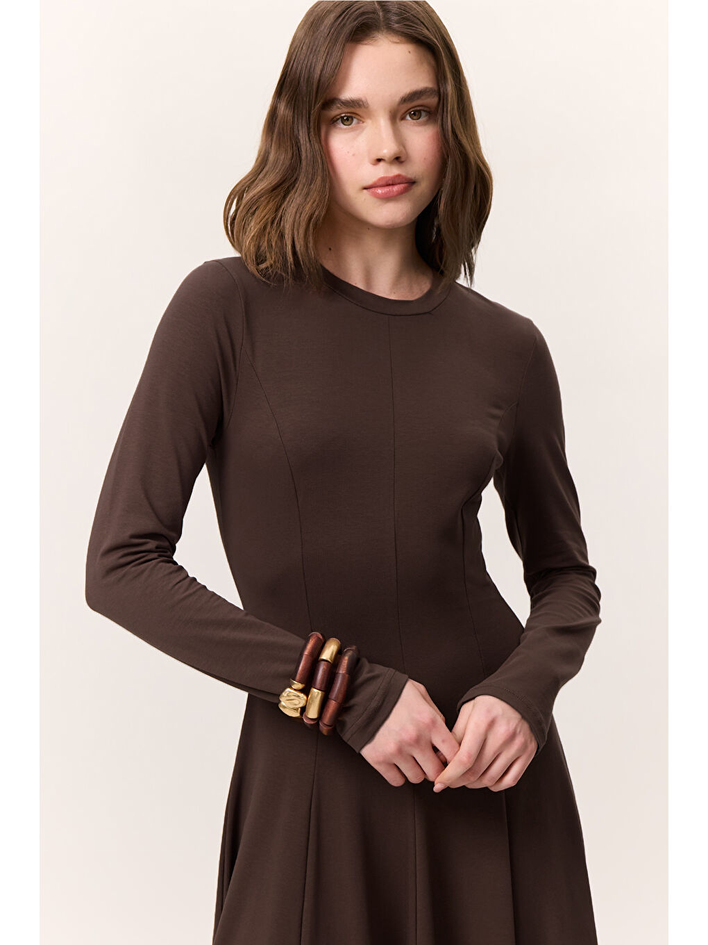 Kuplu Uzun Kollu Elbise Kahverengi-4