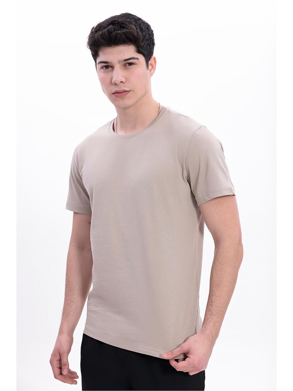Bej Erkek/Unisex Bisiklet Yaka Basic Tişört %100 Pamuk - 371-5