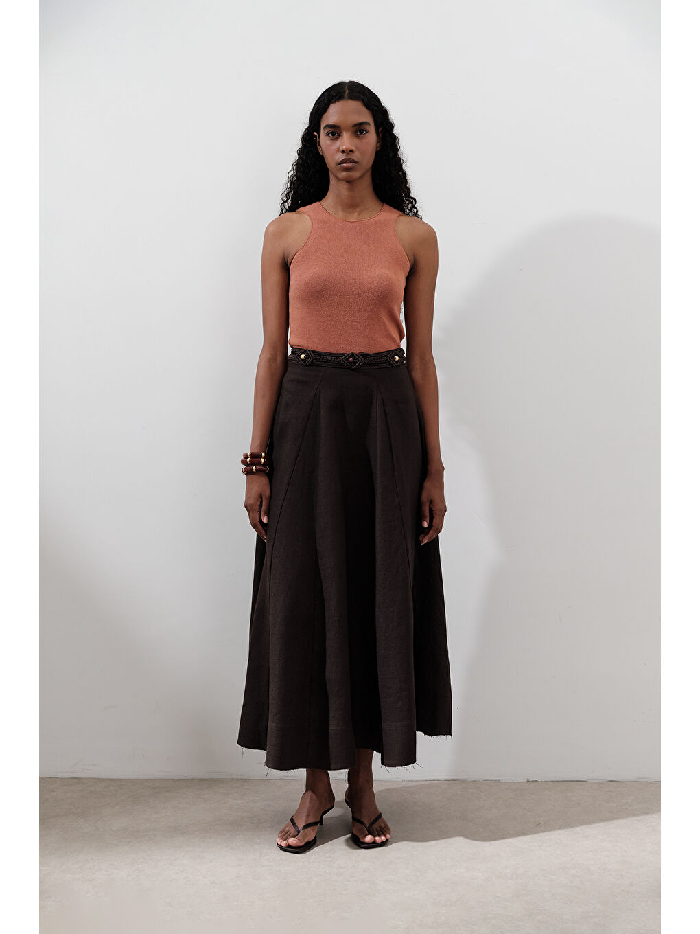 Kahverengi Keten Geniş Parçalı Etek Acı Kahve-2