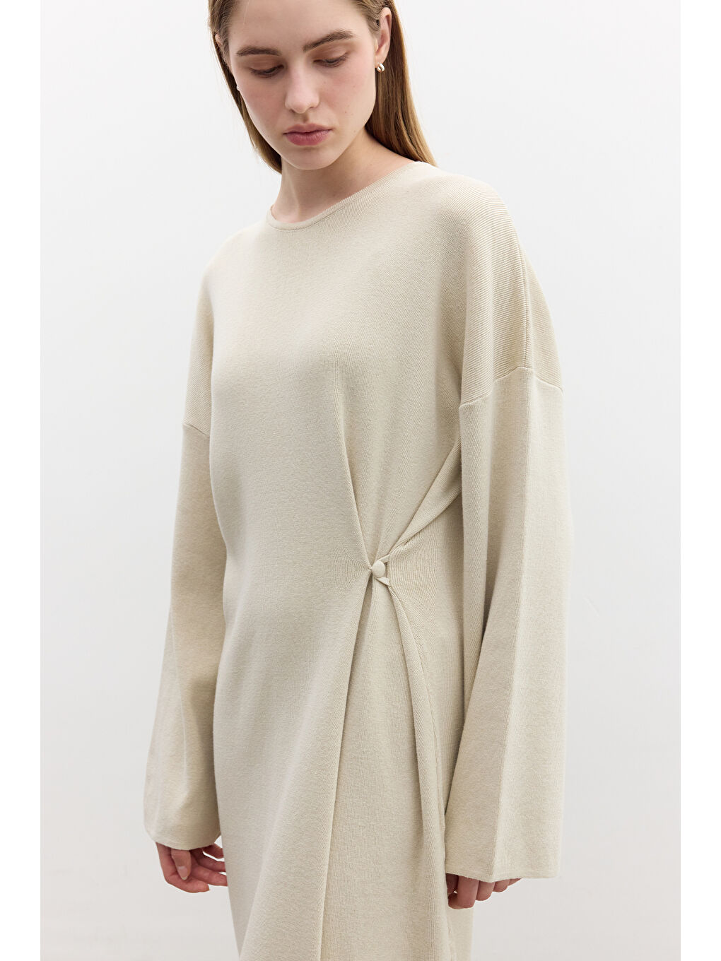 Triko Bağlamalı Elbise Bej-5