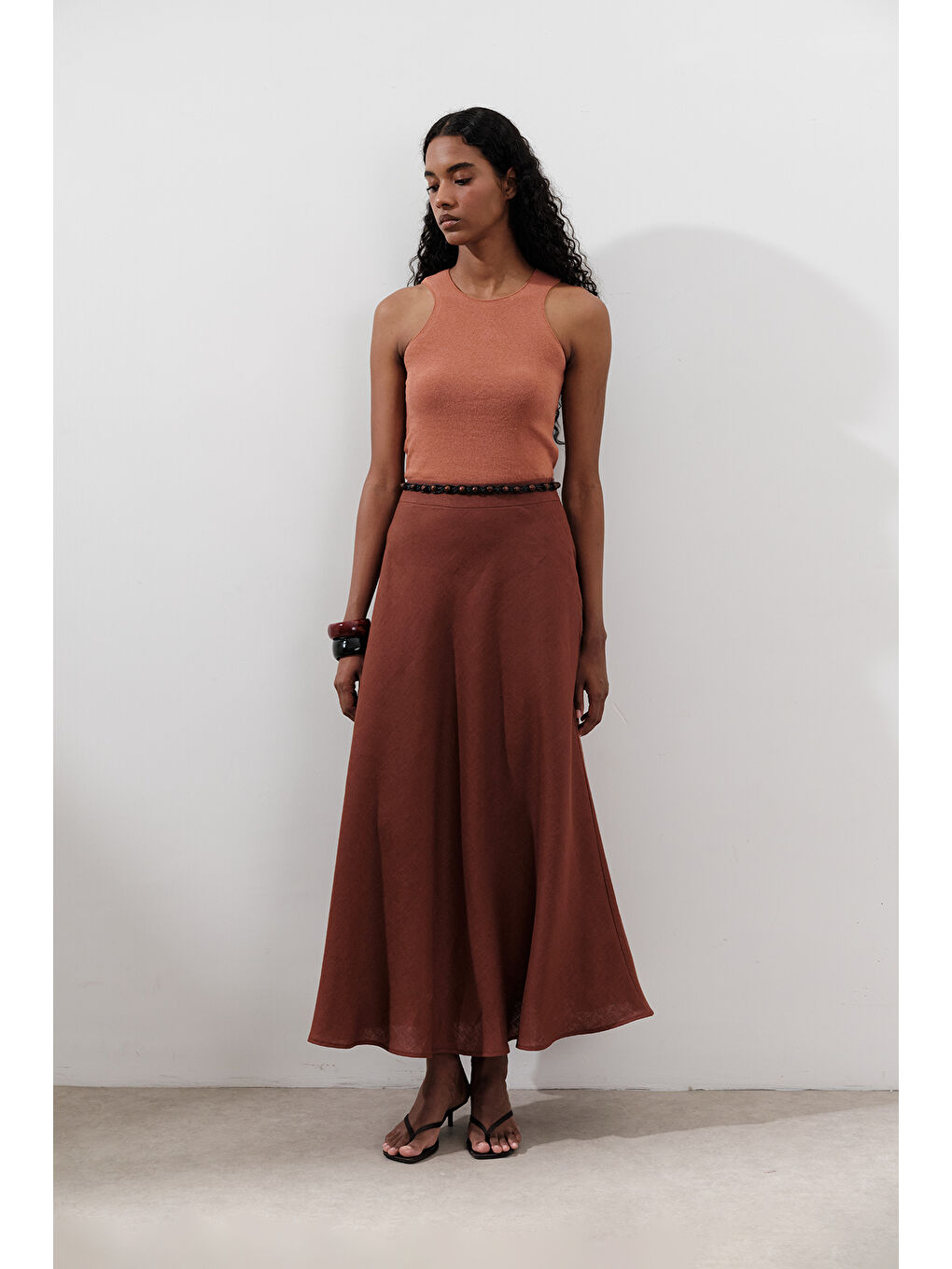 Turuncu Keten Dikiş Detaylı Etek Bakır-1