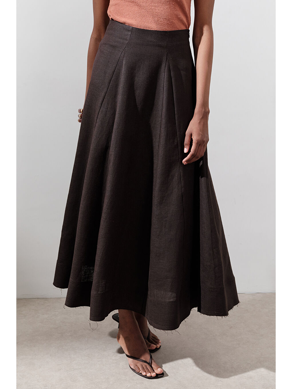 Kahverengi Keten Geniş Parçalı Etek Acı Kahve-3