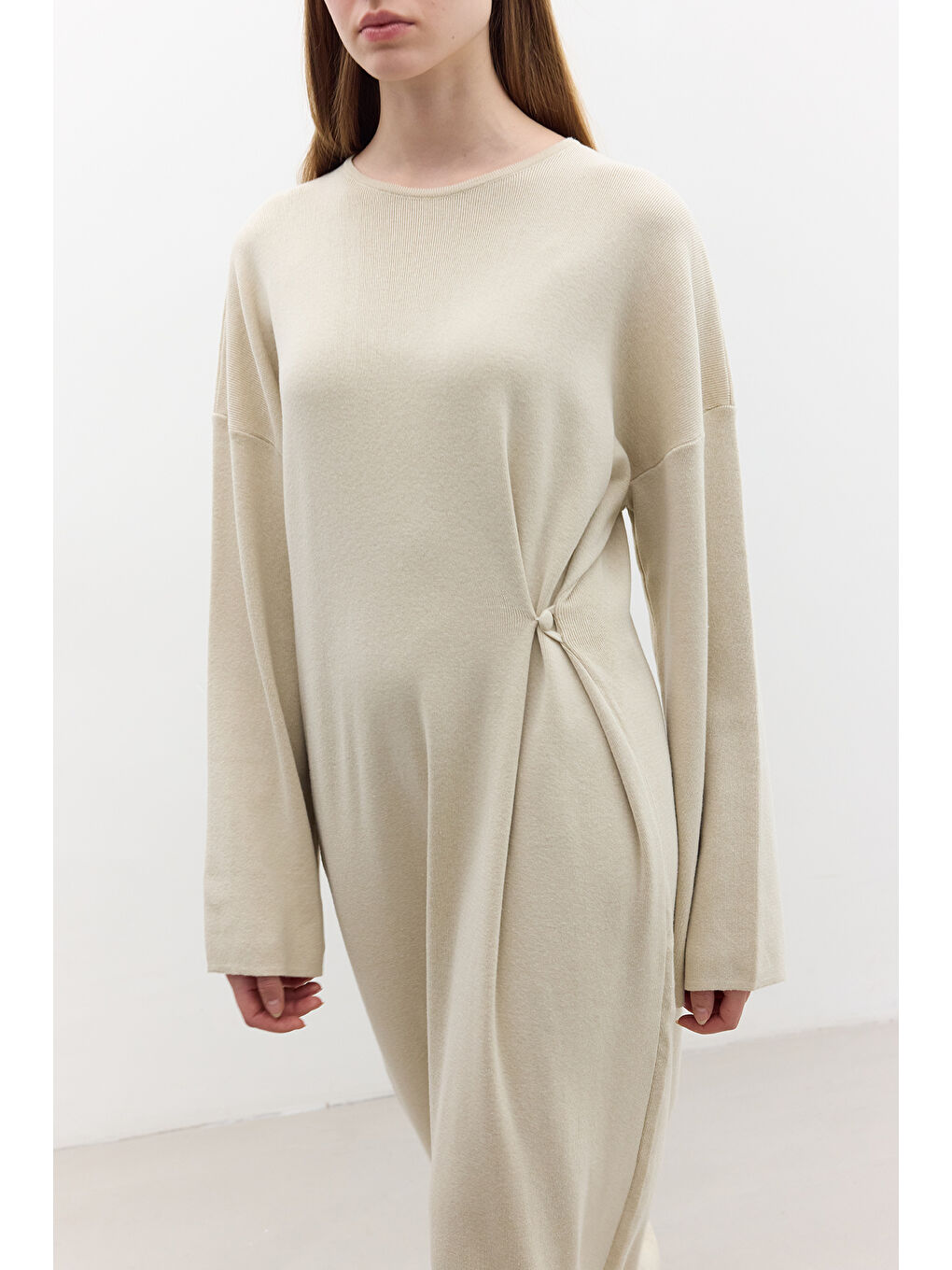 Triko Bağlamalı Elbise Bej-6