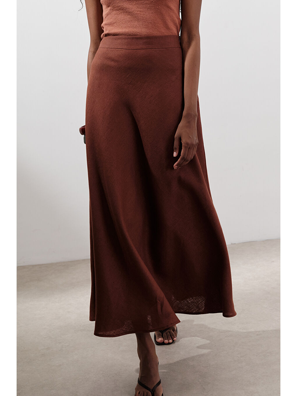 Turuncu Keten Dikiş Detaylı Etek Bakır-2