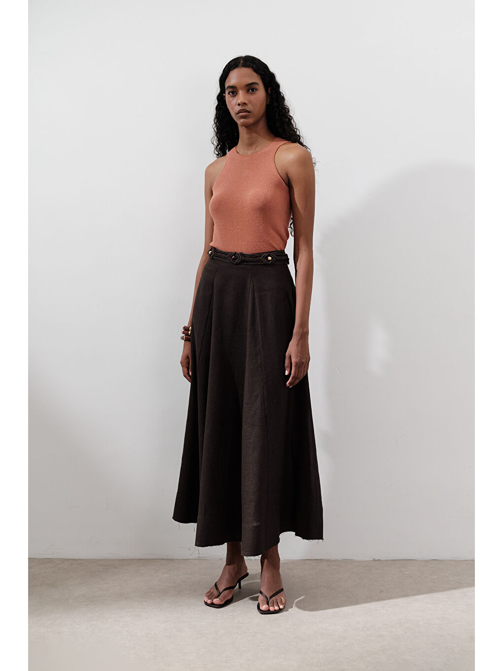 Kahverengi Keten Geniş Parçalı Etek Acı Kahve-4