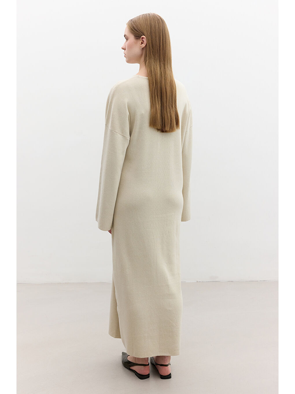 Triko Bağlamalı Elbise Bej-7