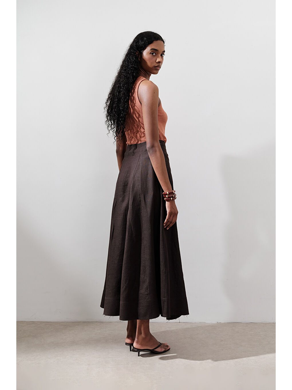 Kahverengi Keten Geniş Parçalı Etek Acı Kahve-5