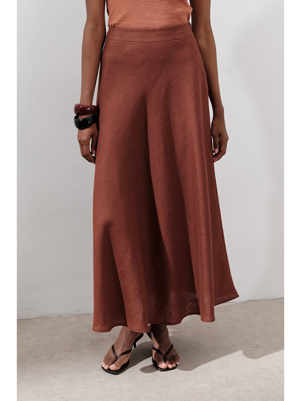 Turuncu Keten Dikiş Detaylı Etek Bakır-4