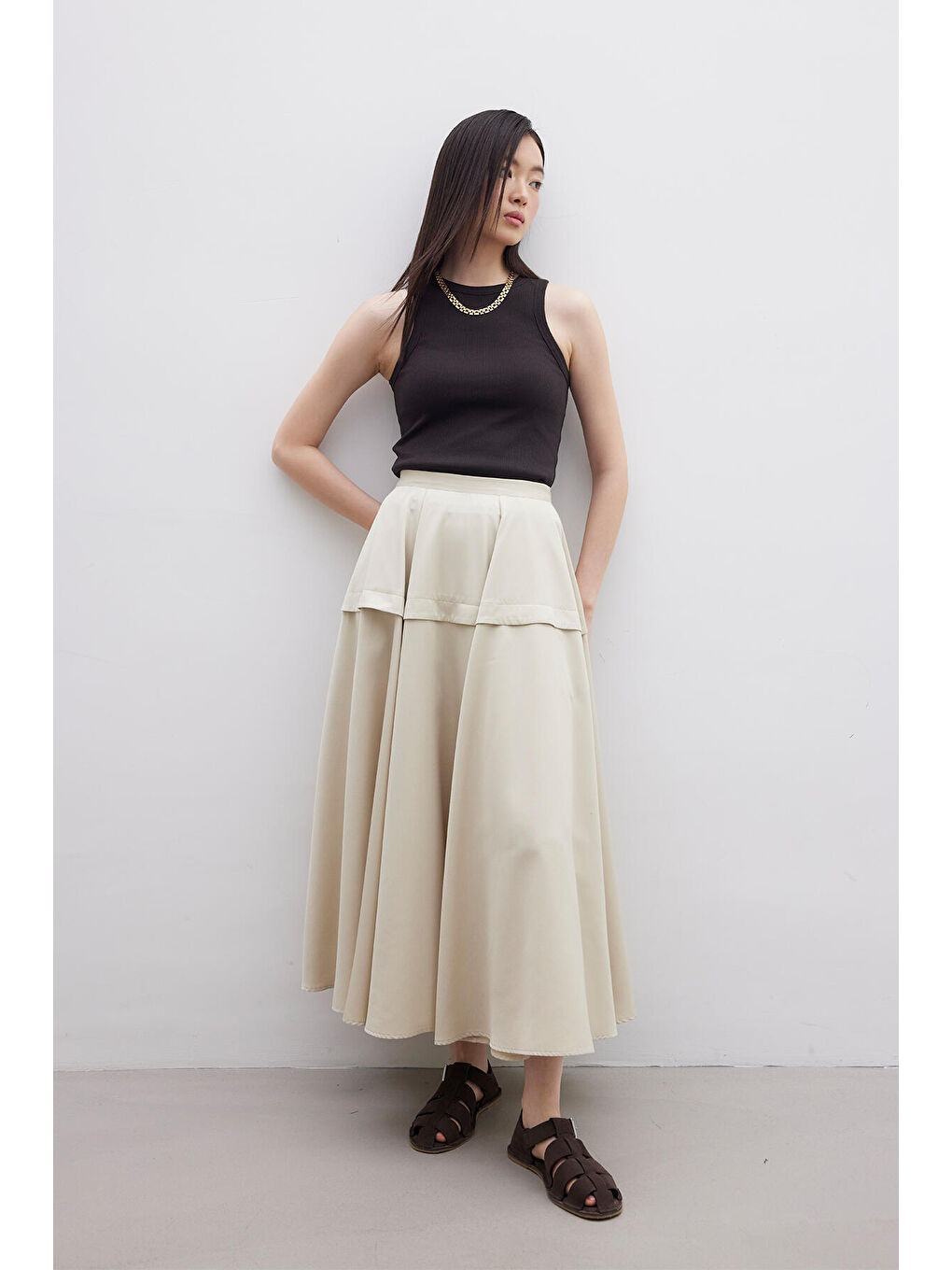Volanlı Tasarım Etek Bej-3