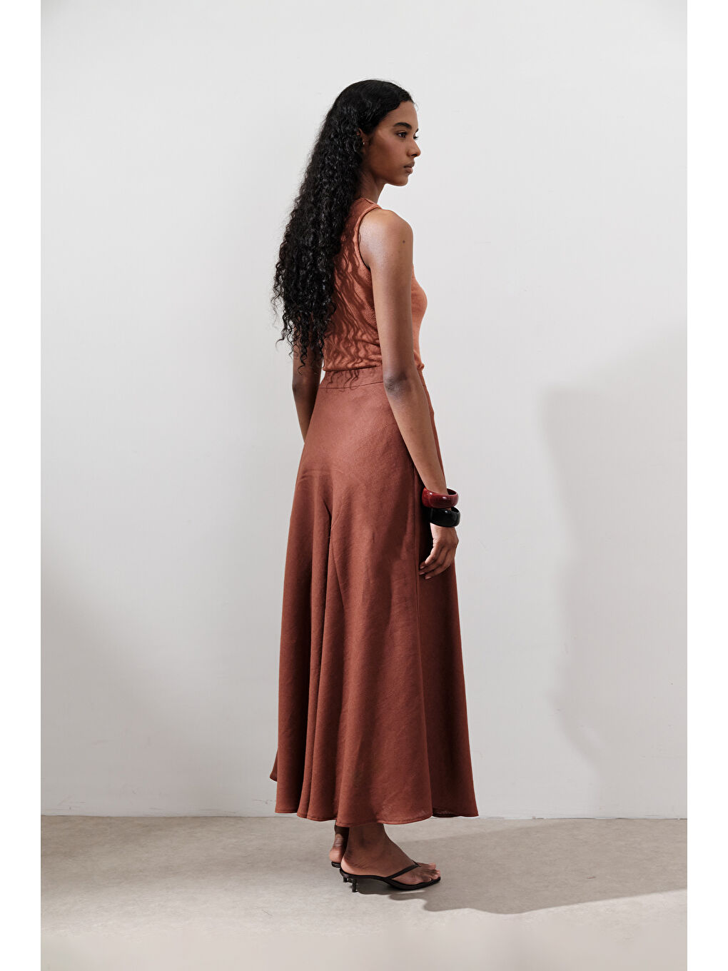 Turuncu Keten Dikiş Detaylı Etek Bakır-5