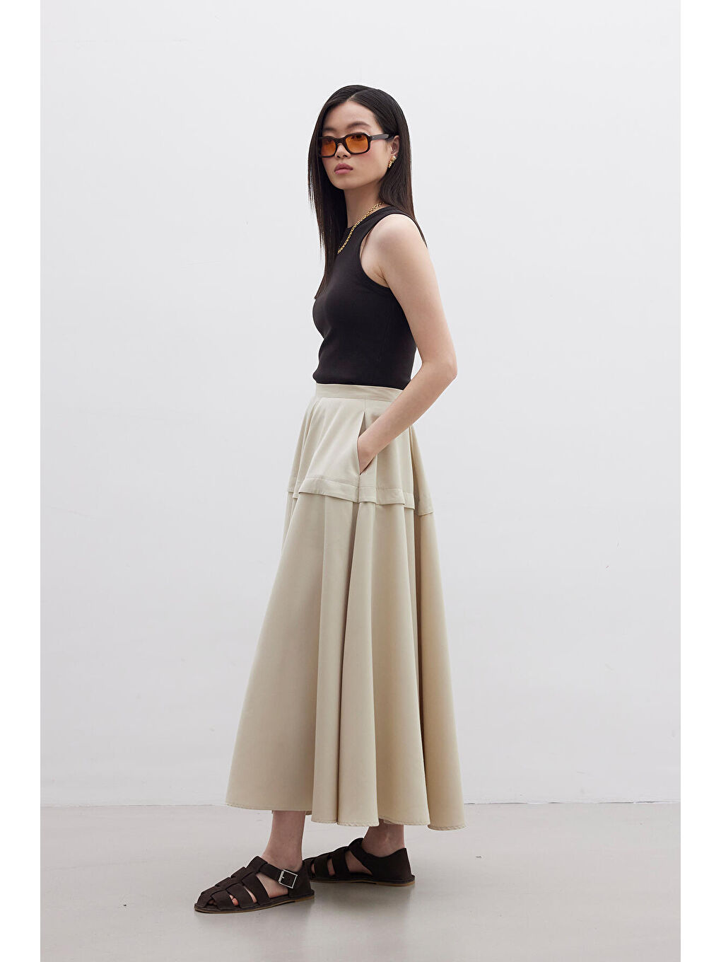 Volanlı Tasarım Etek Bej-5