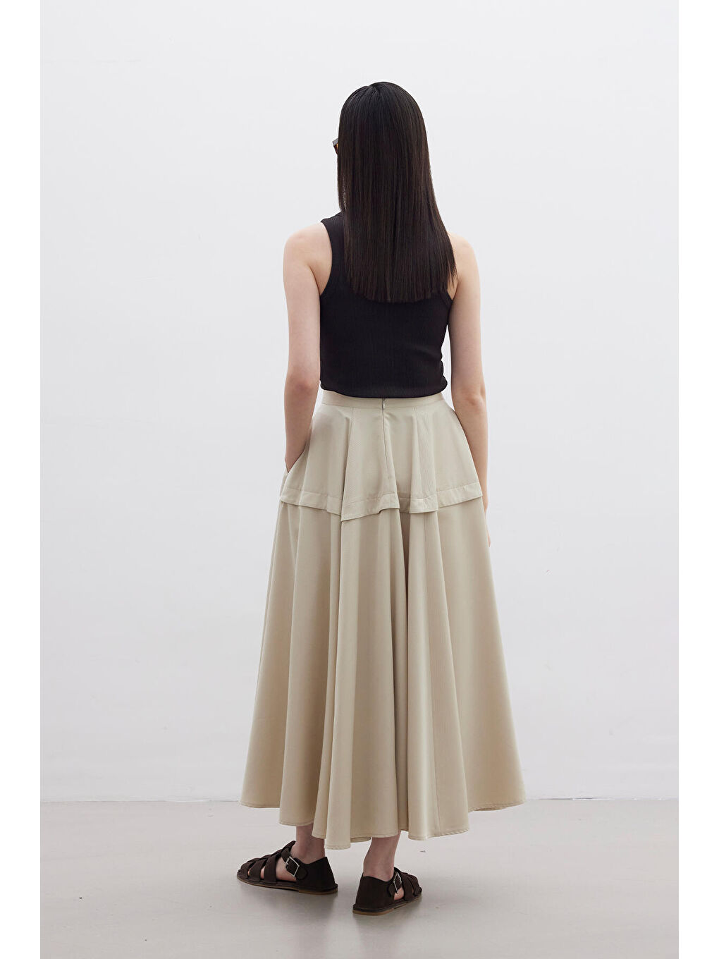 Volanlı Tasarım Etek Bej-6