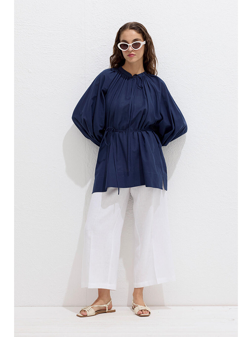 Bağcık Detaylı Vual Tunik Lacivert-1