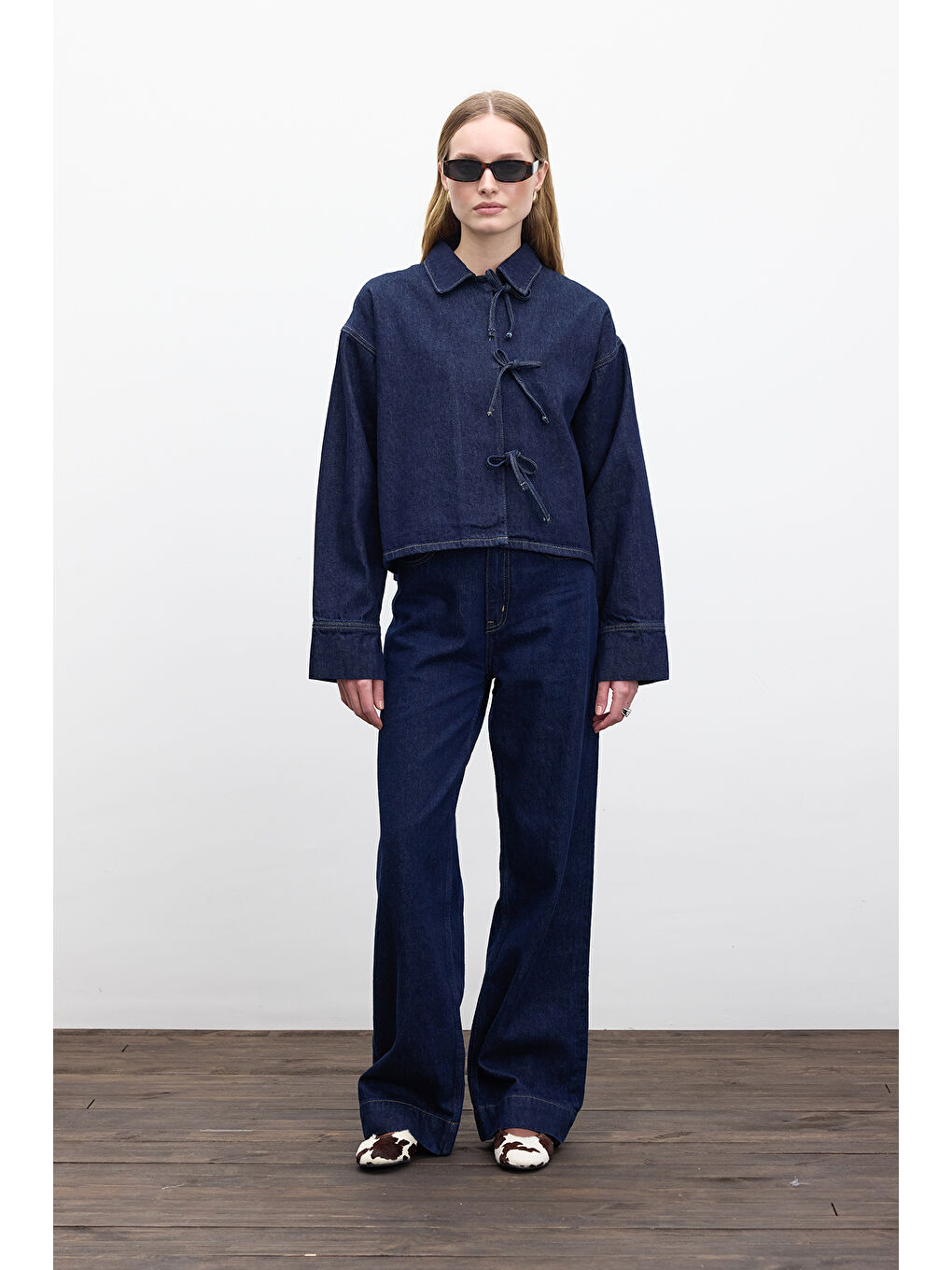 Bağcıklı Denim Bluz Derin Mavi