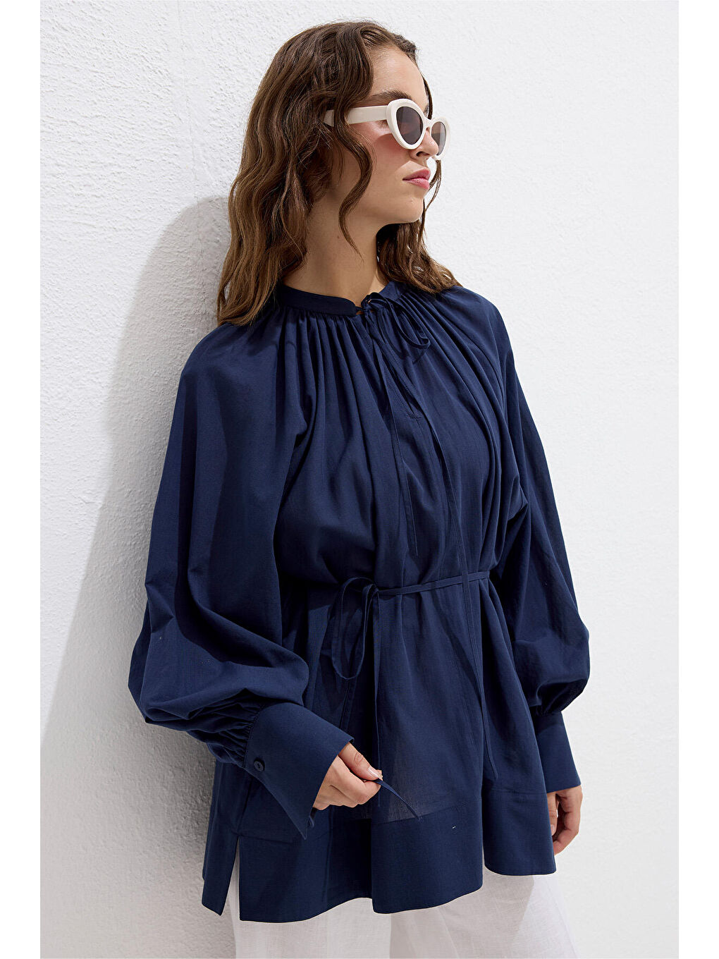 Bağcık Detaylı Vual Tunik Lacivert-4