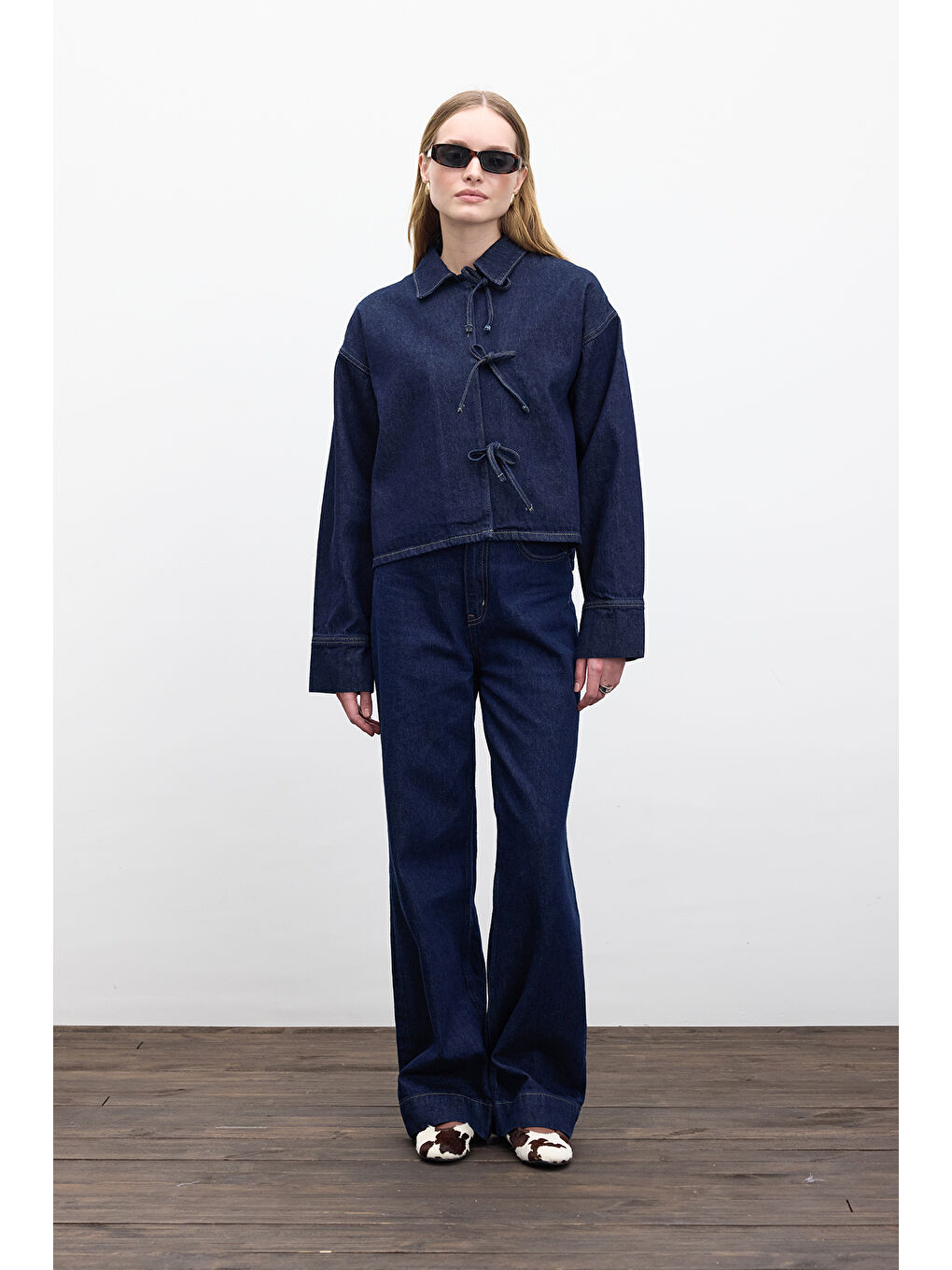 Bağcıklı Denim Bluz Derin Mavi-2