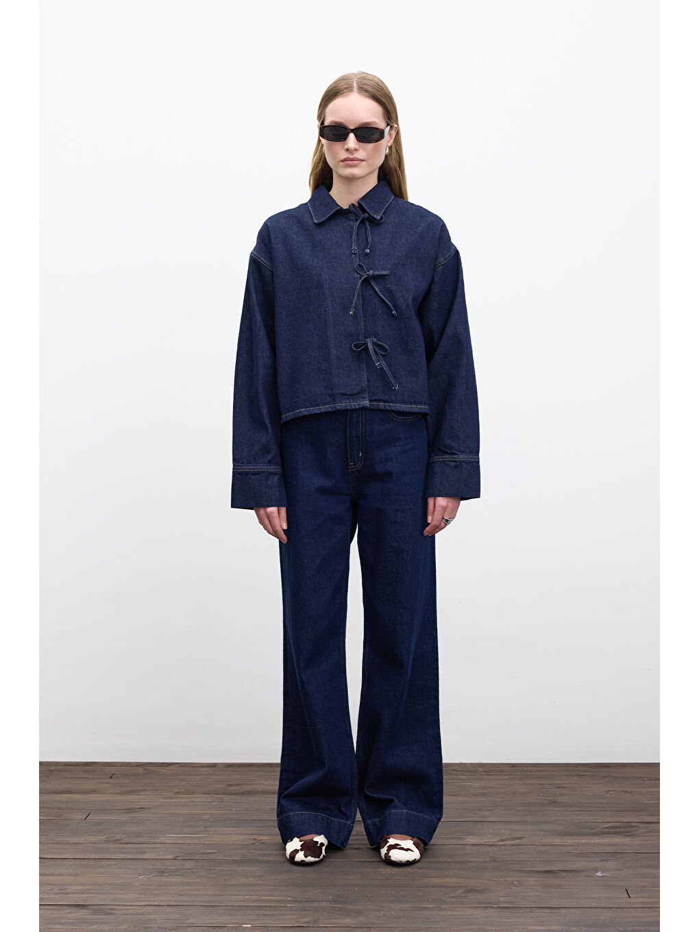 Bağcıklı Denim Bluz Derin Mavi-3