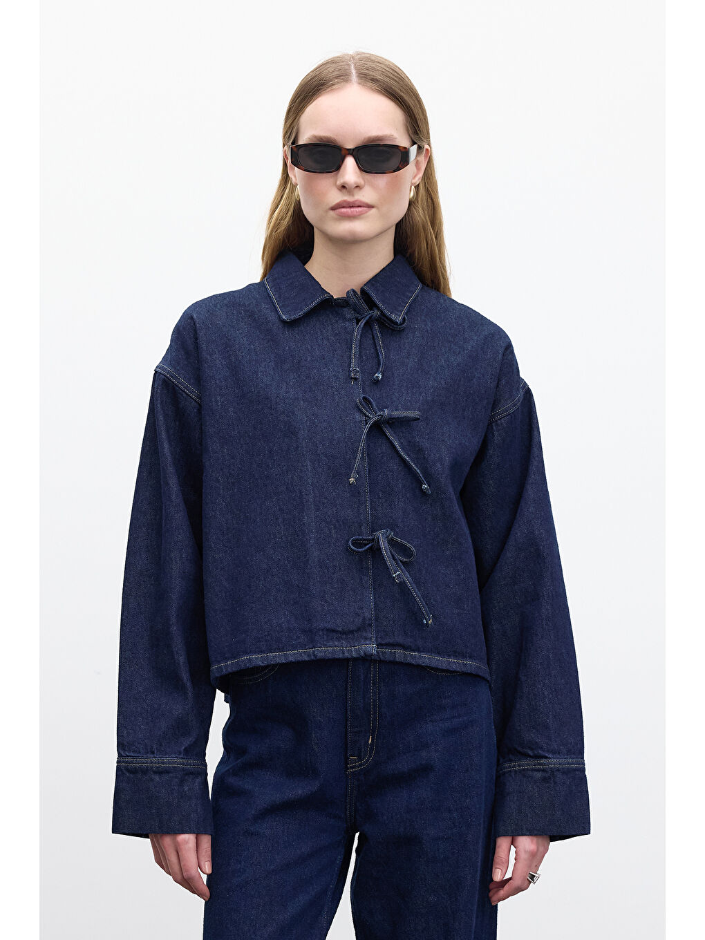 Bağcıklı Denim Bluz Derin Mavi-4