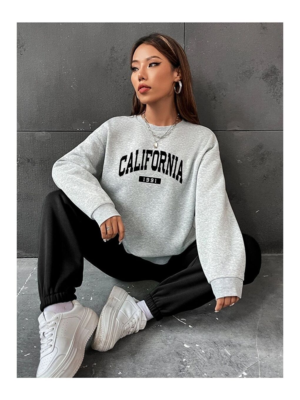 Kadın 3 Iplik Gri Siyah California 1991 Baskılı Oversize Alt Üst Eşofman Takımı